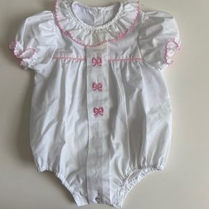 Anavini hand smocked white and pink girls, bubble outfit, size 6 months